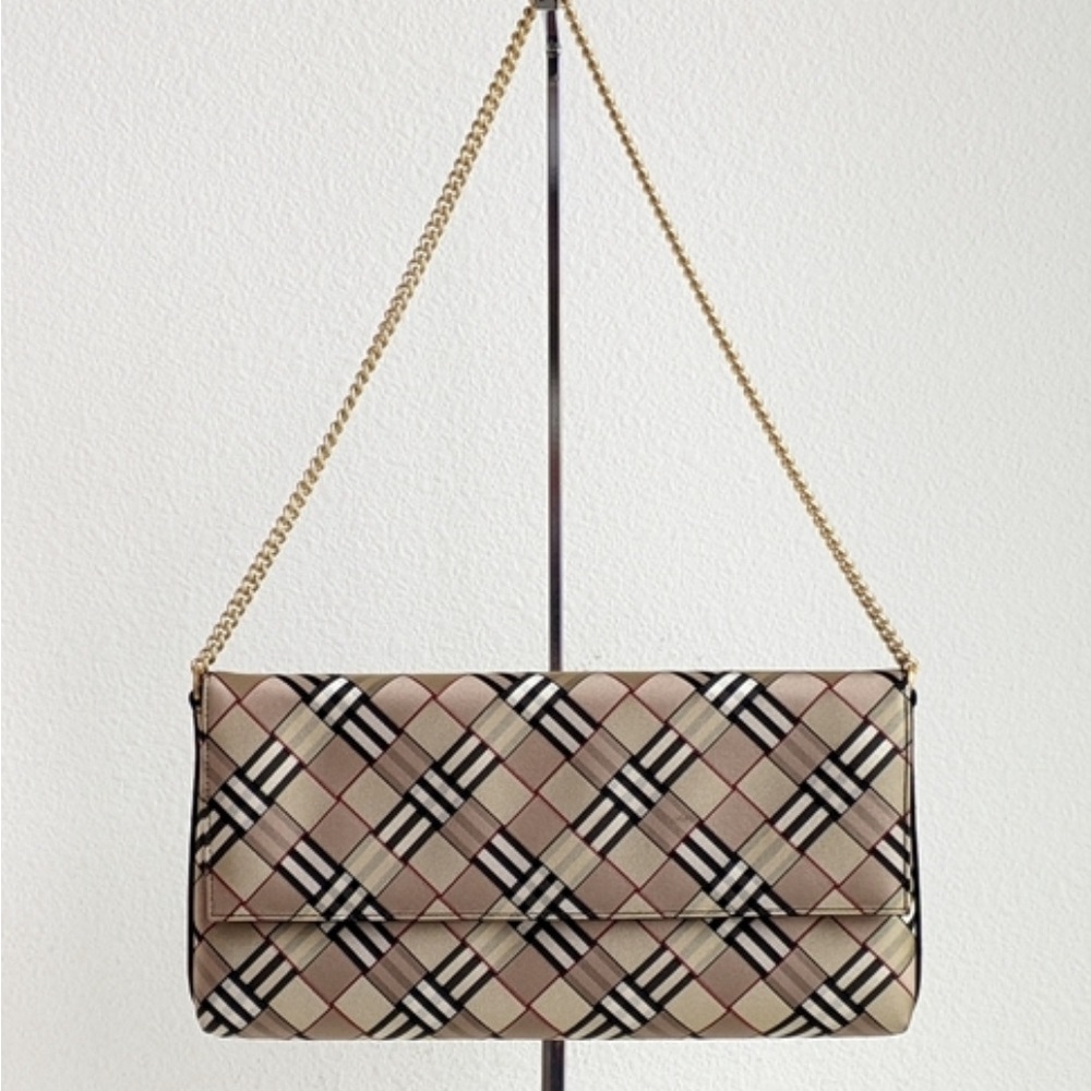 COA Burberry Cert. of Authentic Shoulder Bag, Wristlet, Clutch on Gold Chain.